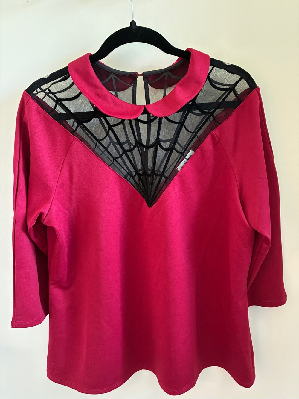 Unique Vintage Fuchsia Top with Black Spiderweb Mesh Yoke and Peter Pan Collar